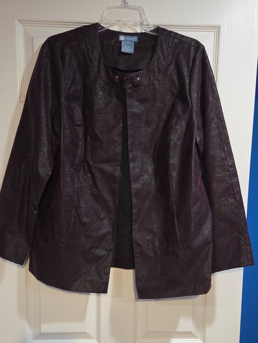 Koret Deep Plum Embossed Open-Front Leather Jacket